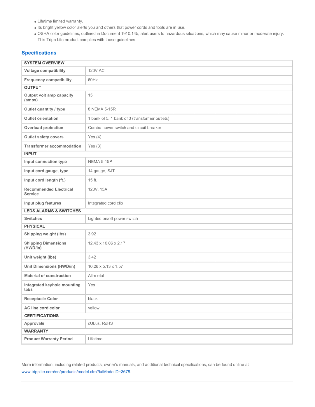 Tripp Lite TLM815NS warranty Specifications 