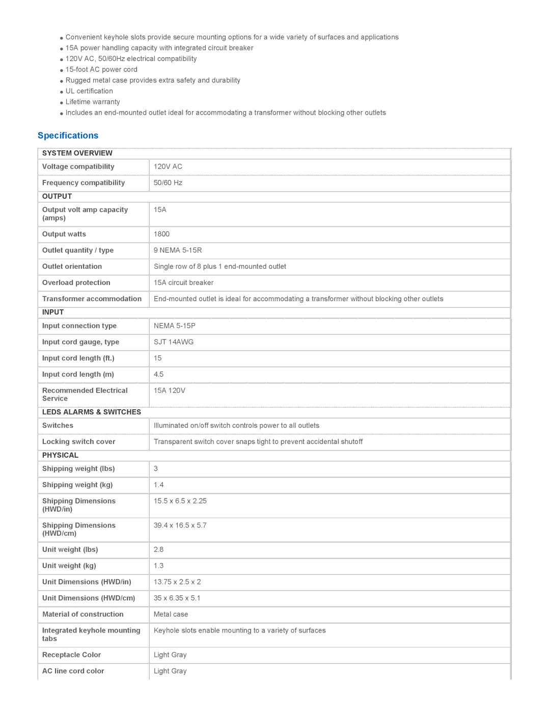 Tripp Lite TLM915NC warranty Specifications 