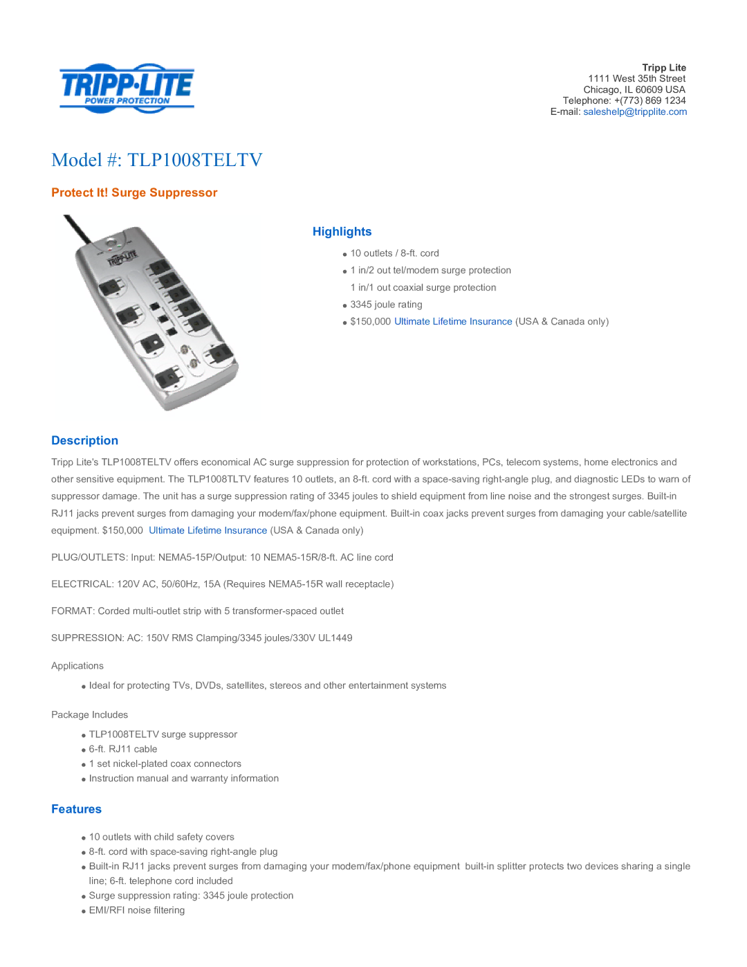 Tripp Lite TLP1008TELTV instruction manual Highlights, Description, Features 