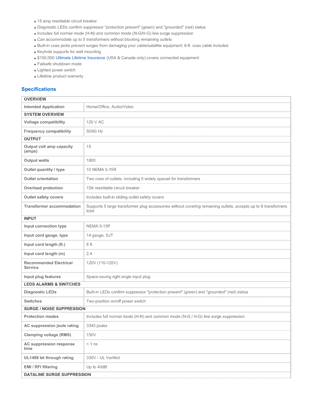 Tripp Lite TLP1008TELTV instruction manual Specifications 