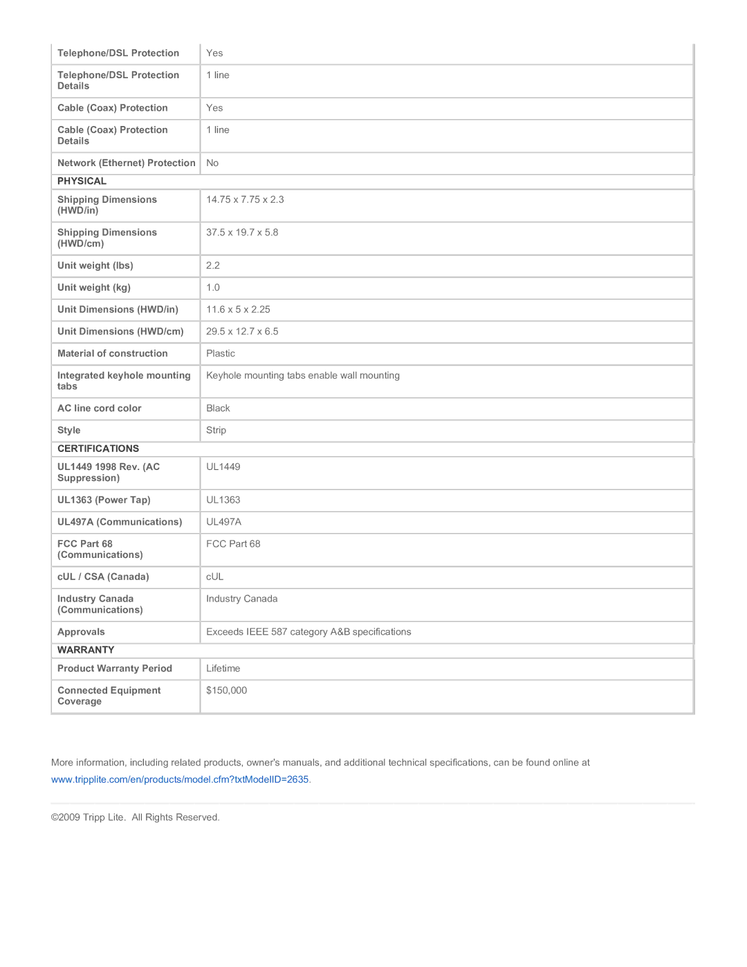 Tripp Lite TLP1008TELTV instruction manual Physical, Certifications, Warranty 