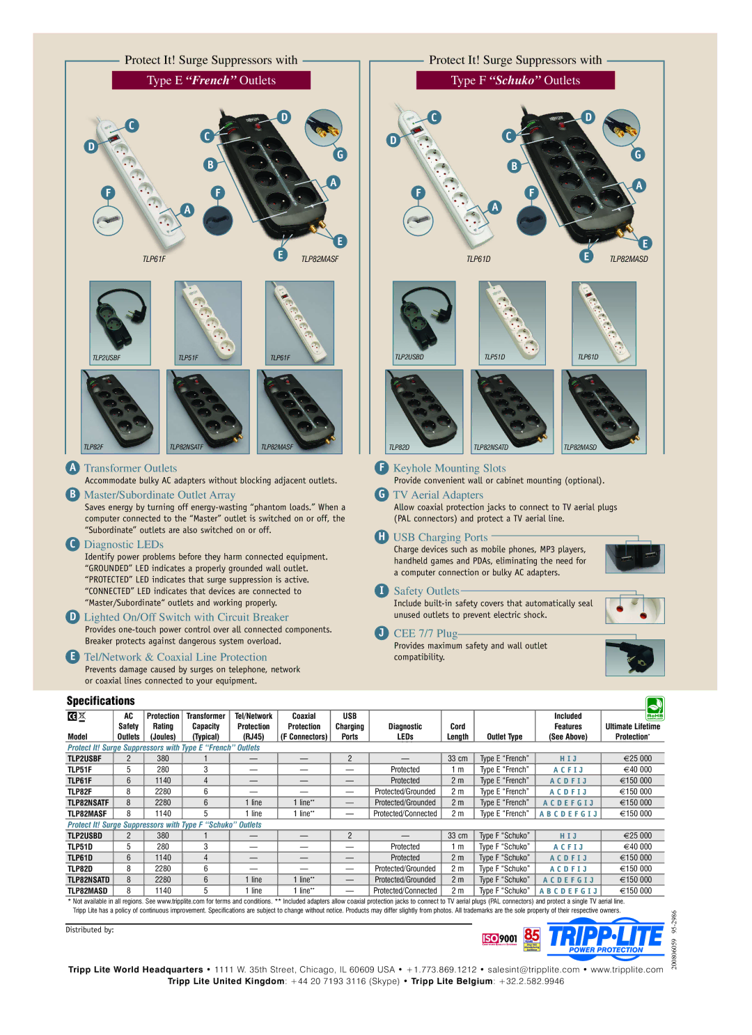 Tripp Lite TLP82NSATF Transformer Outlets, Master/Subordinate Outlet Array, Diagnostic LEDs, Keyhole Mounting Slots 