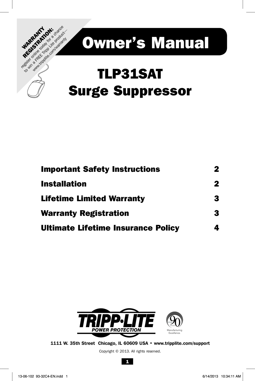 Tripp Lite owner manual TLP31SAT Surge Suppressor, Important Safety Instructions, Installation, Warranty Registration 