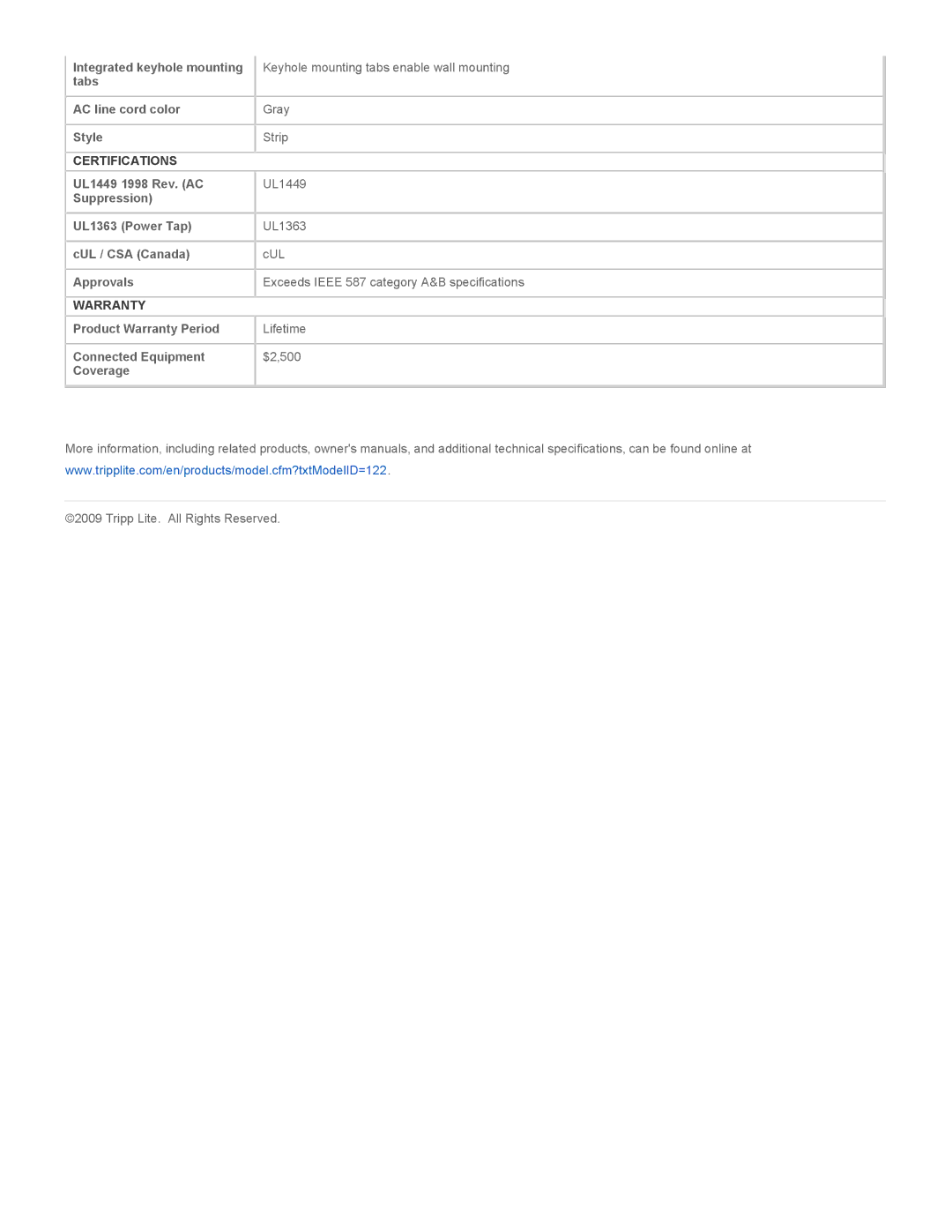 Tripp Lite TLP602 warranty Certifications, Warranty 