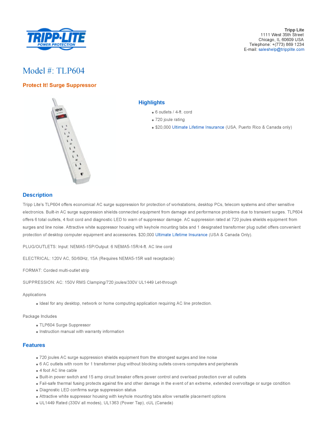Tripp Lite TLP604 instruction manual Highlights, Description, Features 