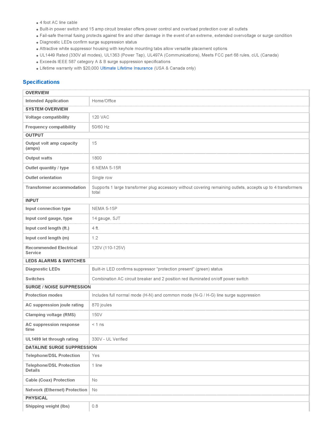 Tripp Lite TLP604TEL instruction manual Specifications 