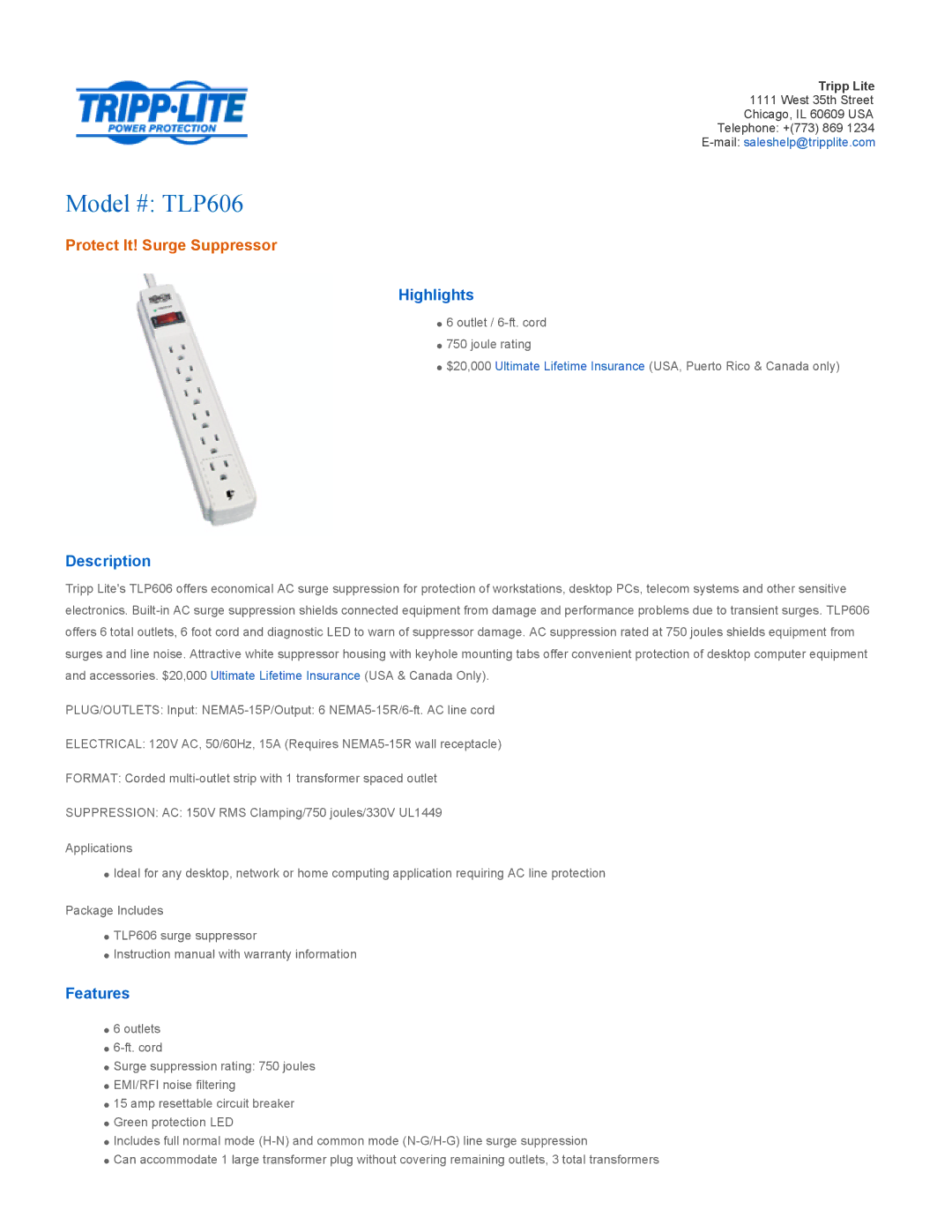 Tripp Lite TLP606 instruction manual Highlights, Description, Features 