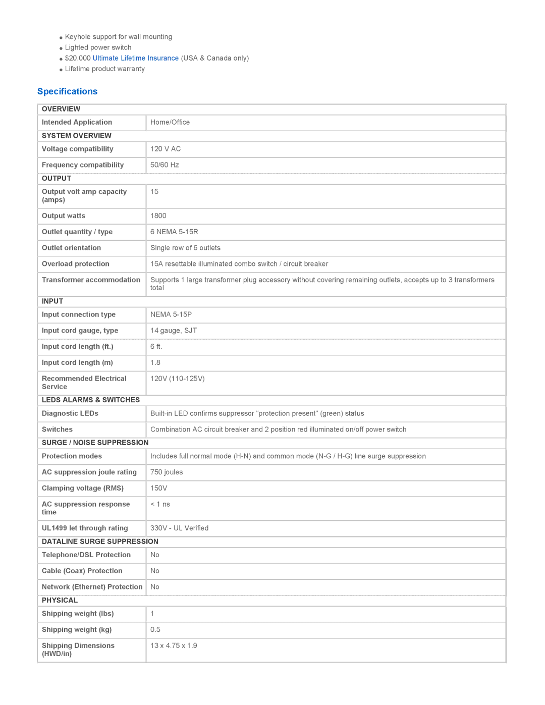 Tripp Lite TLP606 instruction manual Specifications 