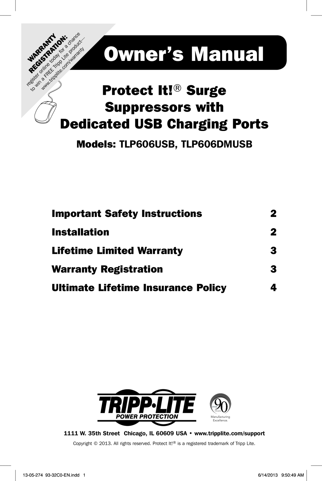 Tripp Lite owner manual Owner’s Manual, Protect It! Surge, Models TLP606USB, TLP606DMUSB, Important Safety Instructions 