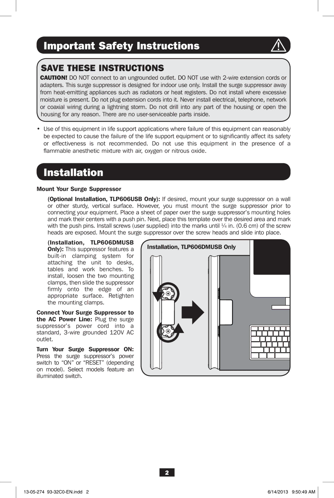 Tripp Lite TLP606USB, TLP606DMUSB owner manual Important Safety Instructions, Installation 