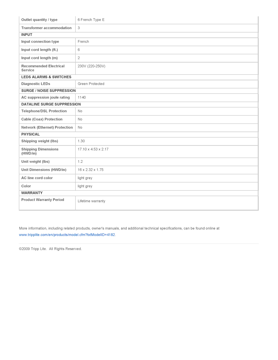 Tripp Lite TLP61F specifications Input, Leds Alarms & Switches, Surge / Noise Suppression, Physical, Warranty 