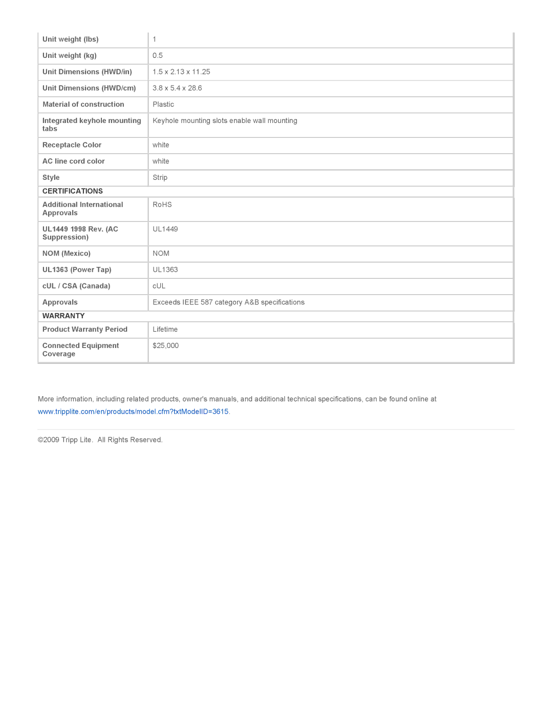 Tripp Lite TLP725 warranty Certifications, Warranty 