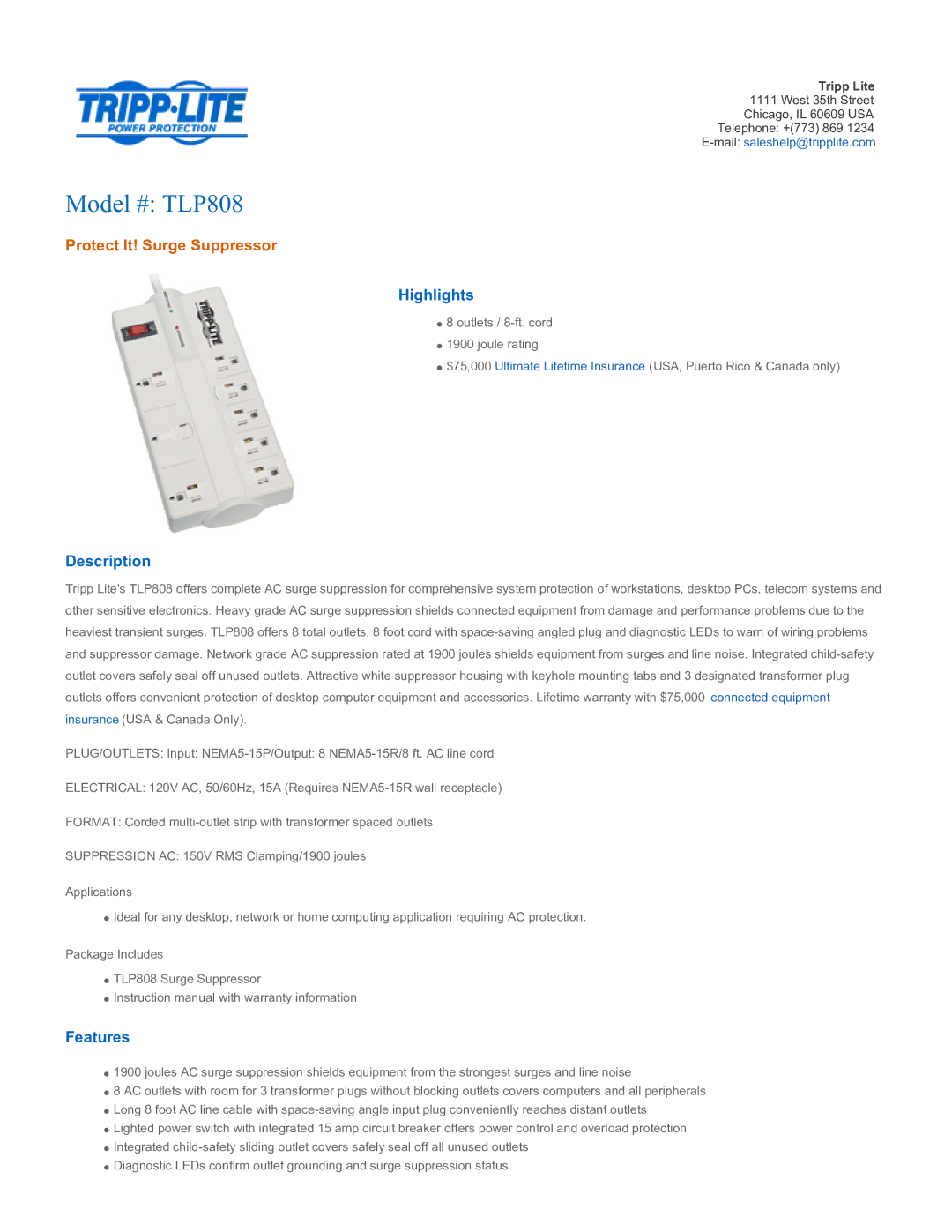 Tripp Lite TLP808 warranty Highlights, Description, Features 