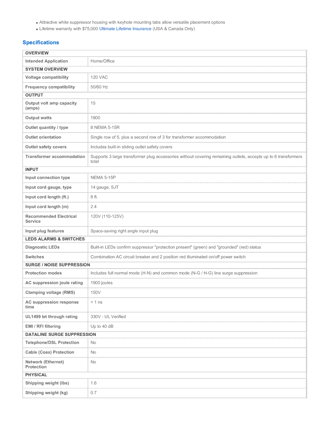 Tripp Lite TLP808 warranty Specifications 