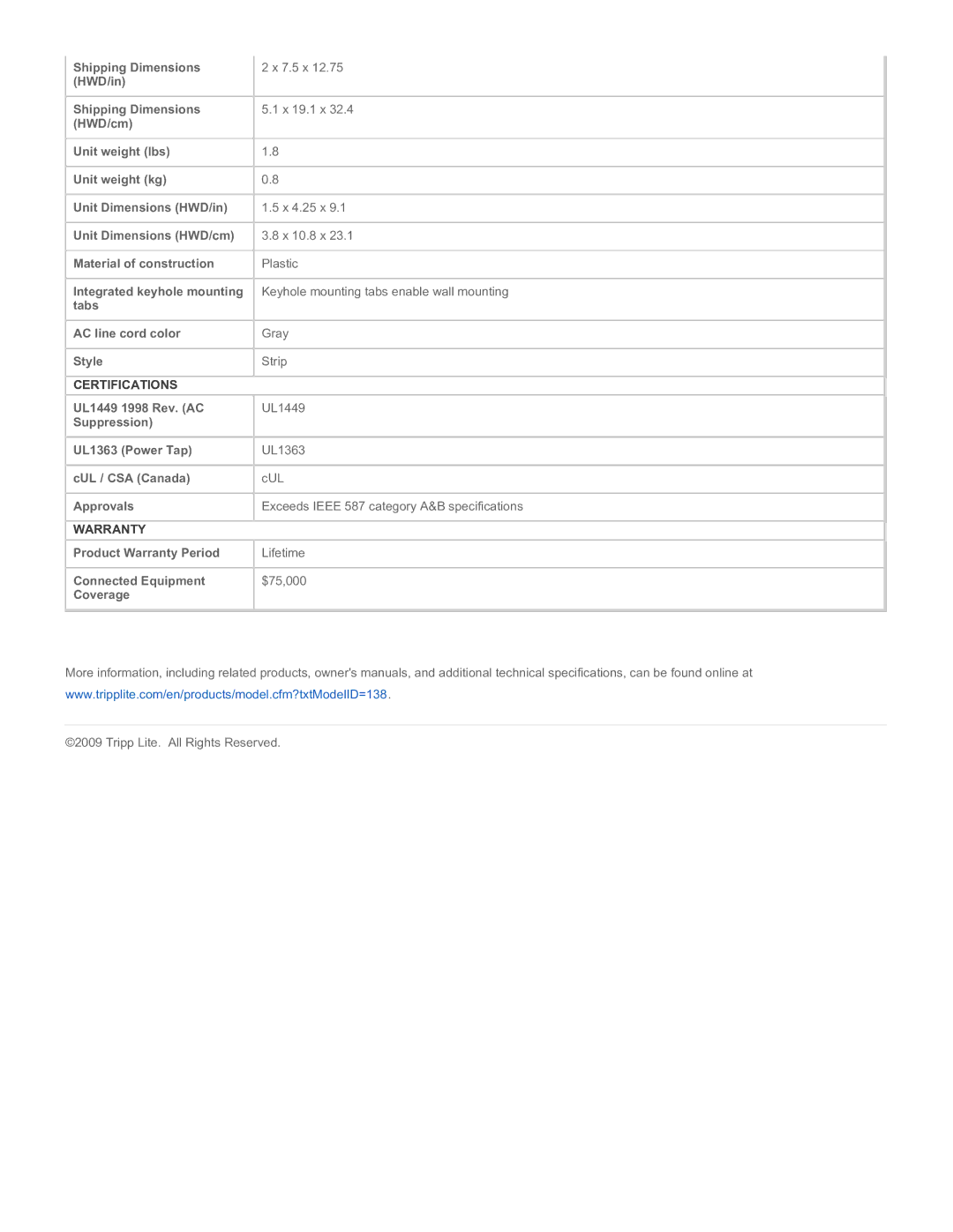 Tripp Lite TLP808 warranty Shipping Dimensions HWD/in, Certifications, Warranty 