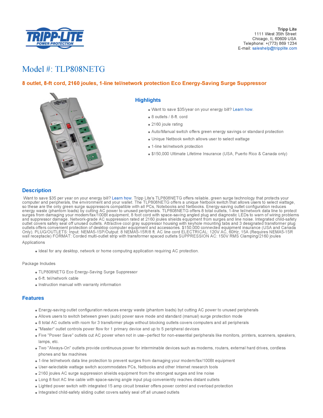 Tripp Lite TLP808NETG instruction manual Highlights, Description, Features 