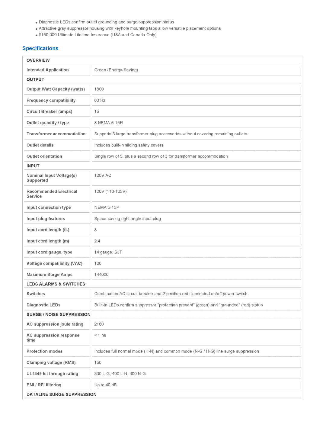 Tripp Lite TLP808NETG instruction manual Specifications 