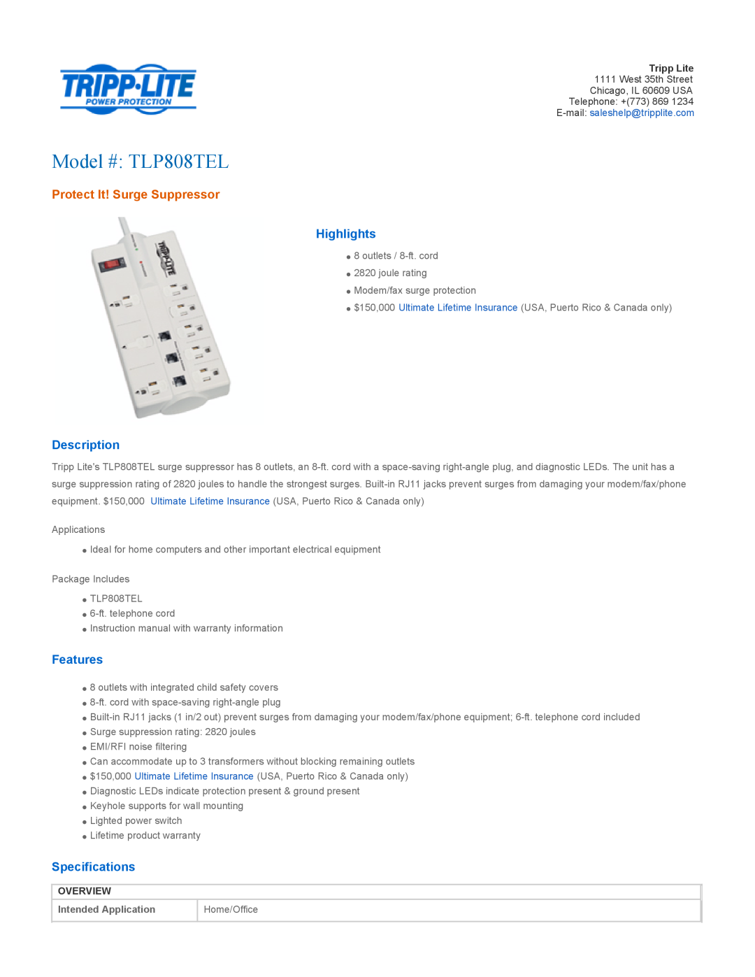 Tripp Lite specifications Overview, Model # TLP808TEL, Protect It! Surge Suppressor, Highlights, Description, Features 