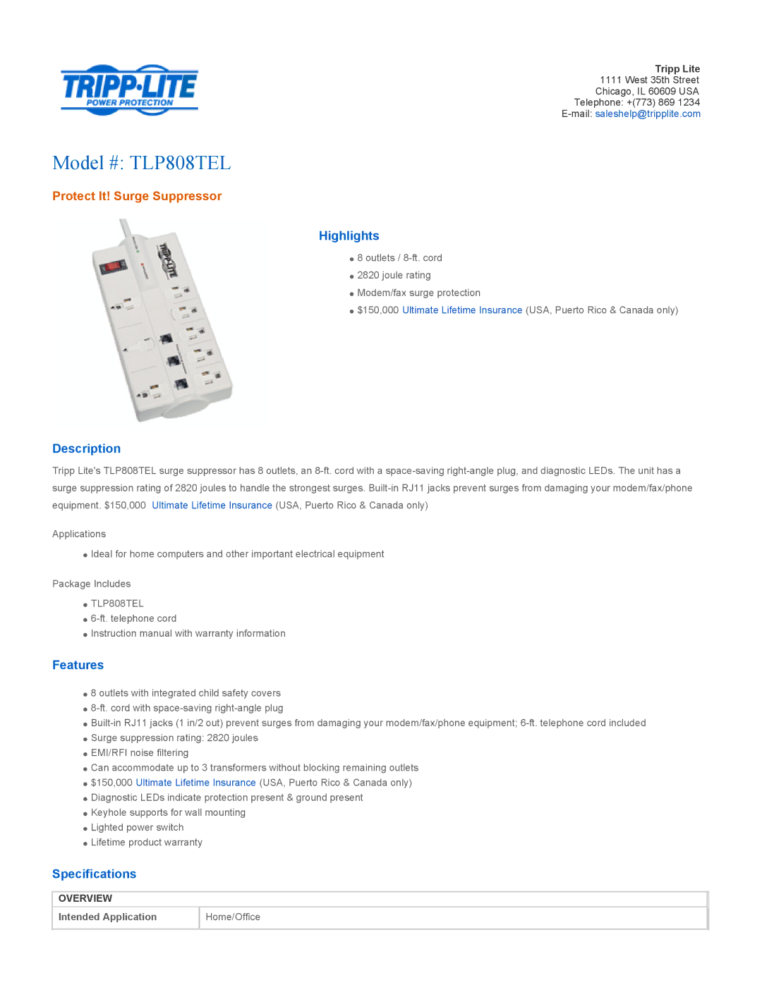 Tripp Lite TLP808TEL specifications Highlights, Description, Features, Specifications, Overview 