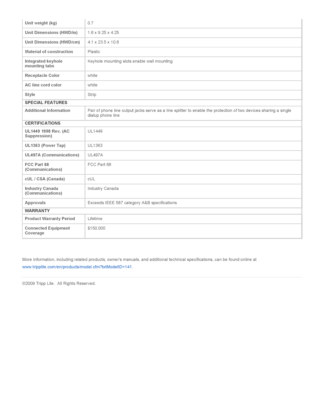 Tripp Lite TLP808TEL specifications Special Features, Certifications, Warranty 