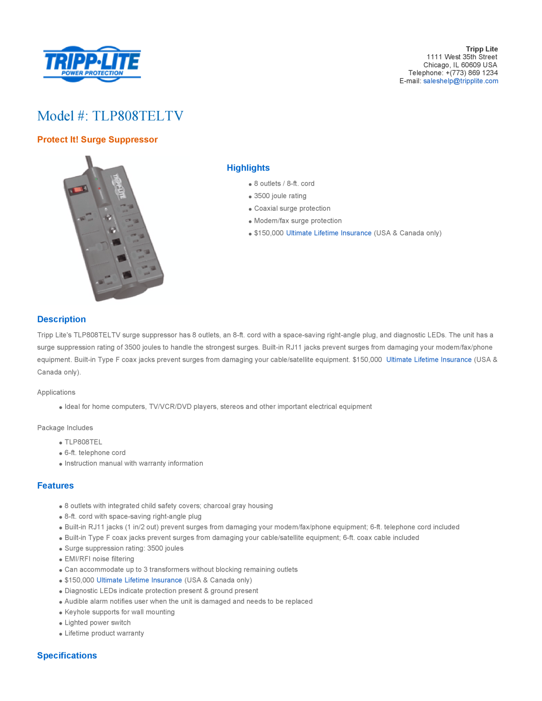 Tripp Lite specifications Model # TLP808TELTV, Protect It! Surge Suppressor, Highlights, Description, Features 