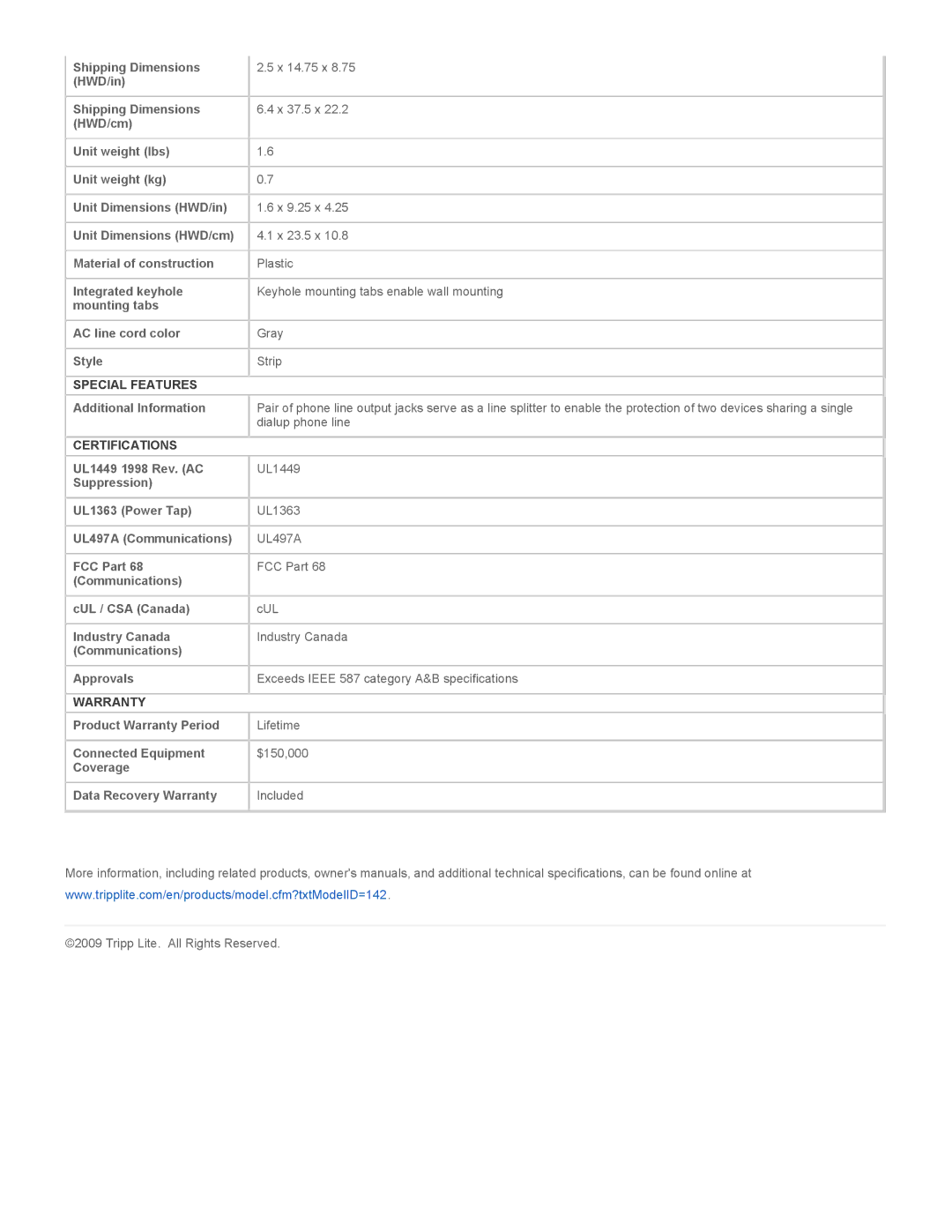 Tripp Lite TLP808TELTV specifications Special Features, Certifications, Warranty 