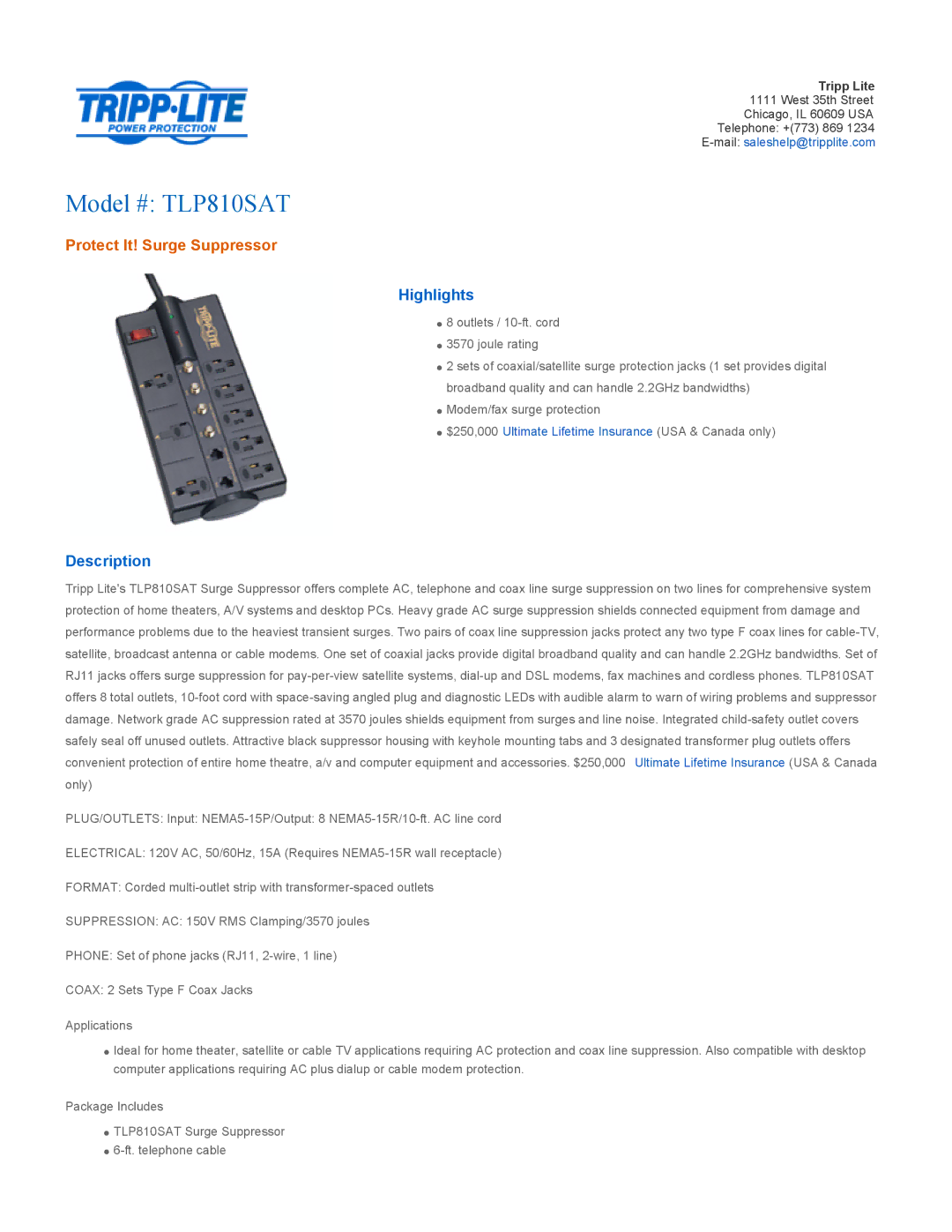 Tripp Lite TLP810SAT manual Highlights, Description 