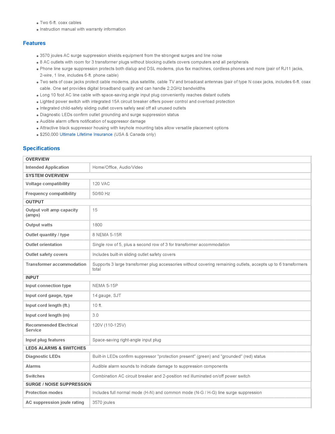 Tripp Lite TLP810SAT manual Features, Specifications 