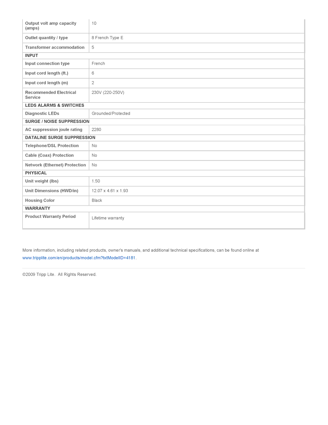 Tripp Lite TLP82F specifications Input, Leds Alarms & Switches, Surge / Noise Suppression, Physical, Warranty 