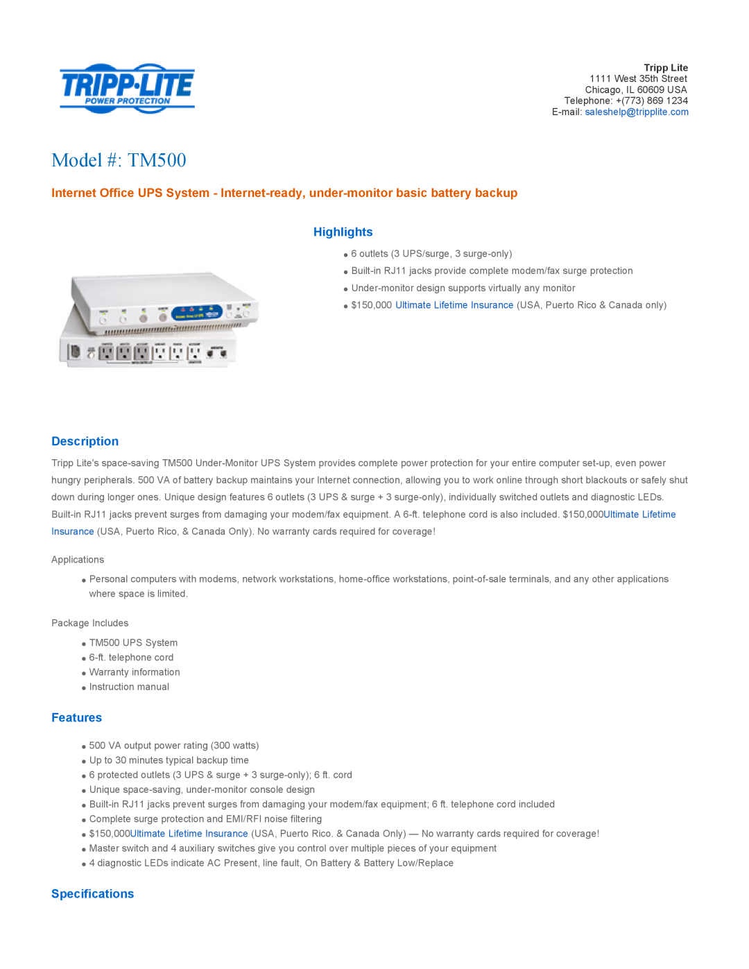 Tripp Lite specifications Highlights, Description, Features, Specifications, Model # TM500 