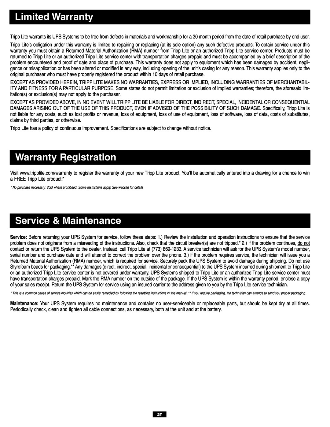 Tripp Lite TMU Series owner manual Limited Warranty, Warranty Registration, Service & Maintenance 