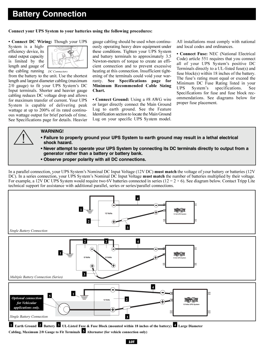 Tripp Lite TMU Series owner manual Battery Connection, Is limited by the length and gauge of the cabling running 