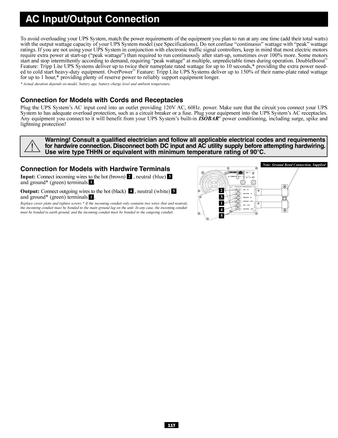 Tripp Lite TMU Series owner manual AC Input/Output Connection, Connection for Models with Cords and Receptacles 