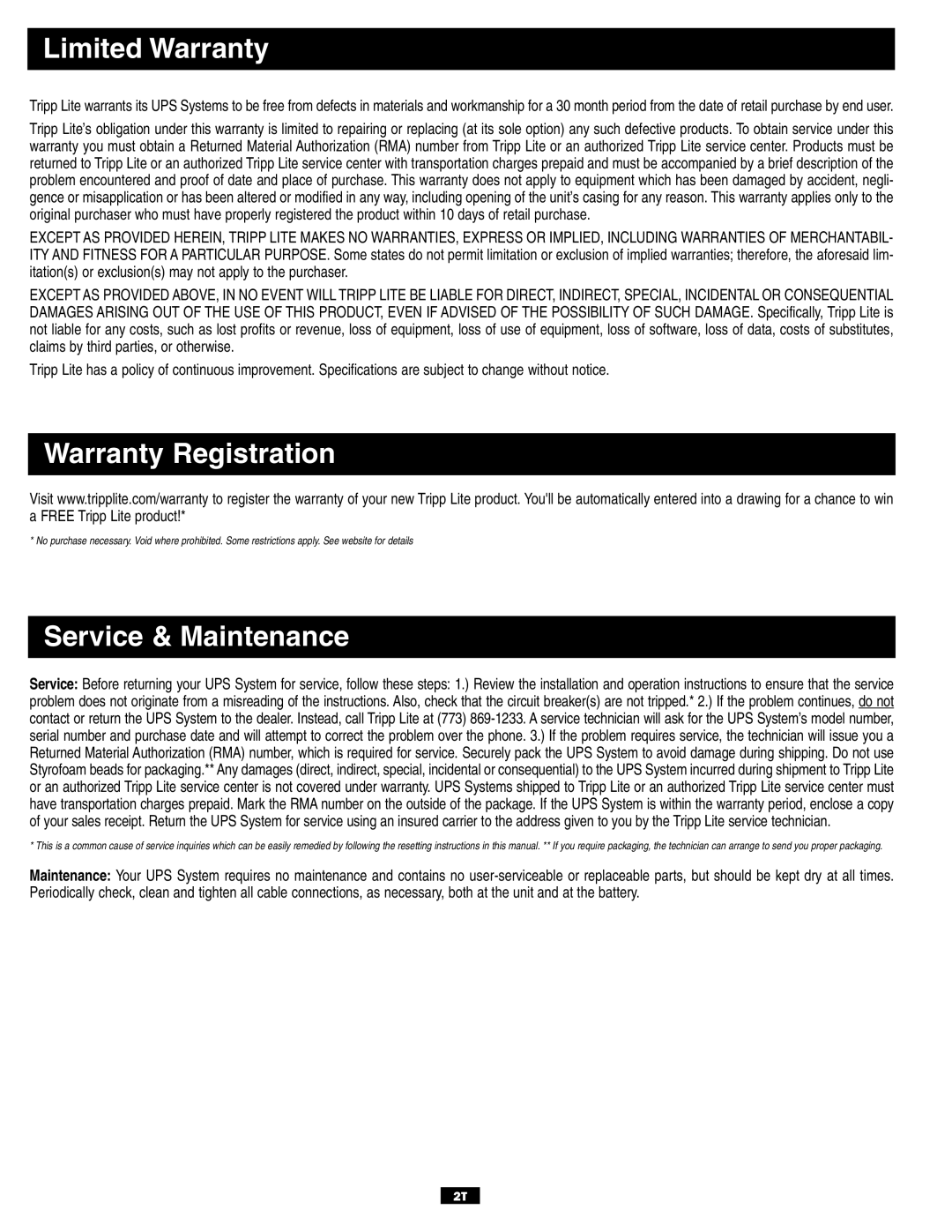 Tripp Lite TMU Series owner manual Limited Warranty, Warranty Registration, Service & Maintenance 