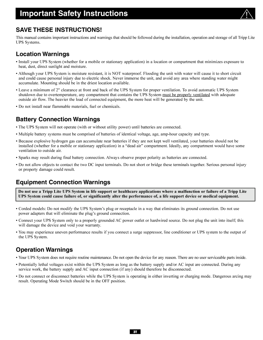 Tripp Lite TMU Series Important Safety Instructions, Location Warnings, Battery Connection Warnings, Operation Warnings 