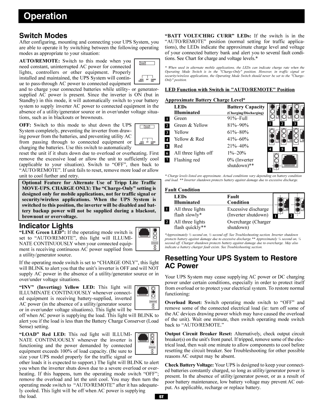 Tripp Lite TMU Series owner manual Operation, Switch Modes, Indicator Lights, Resetting Your UPS System to Restore AC Power 