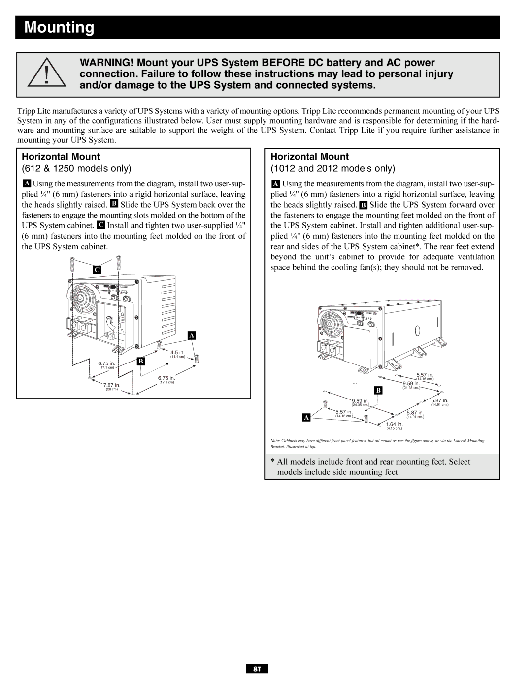 Tripp Lite TMU Series owner manual Mounting, Horizontal Mount 