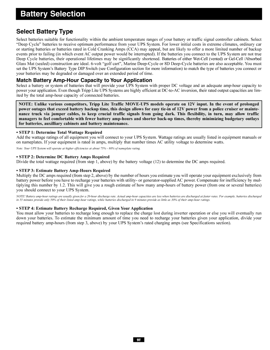 Tripp Lite TMU Series Battery Selection, Select Battery Type, Match Battery Amp-Hour Capacity to Your Application 