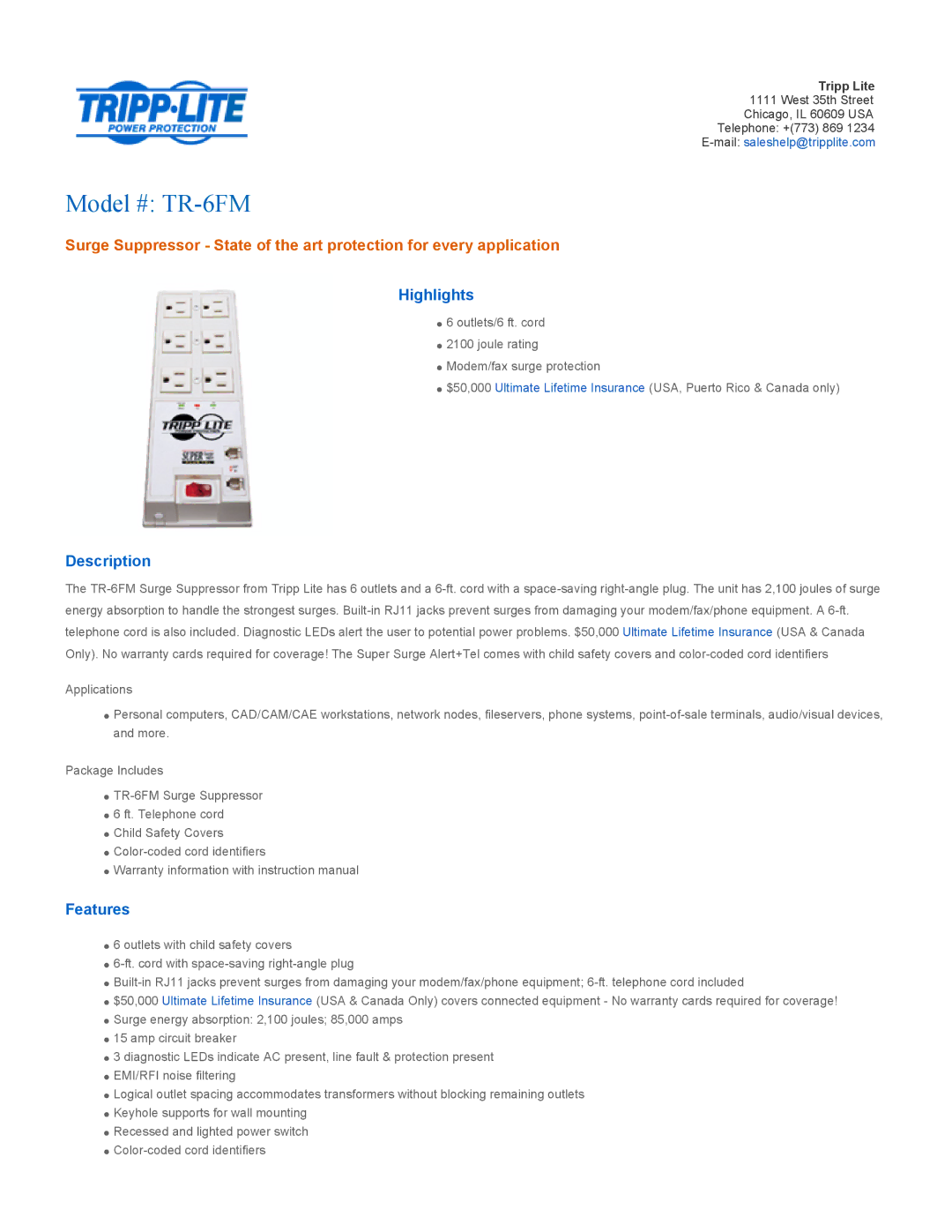 Tripp Lite TR-6FM warranty Highlights, Description, Features 