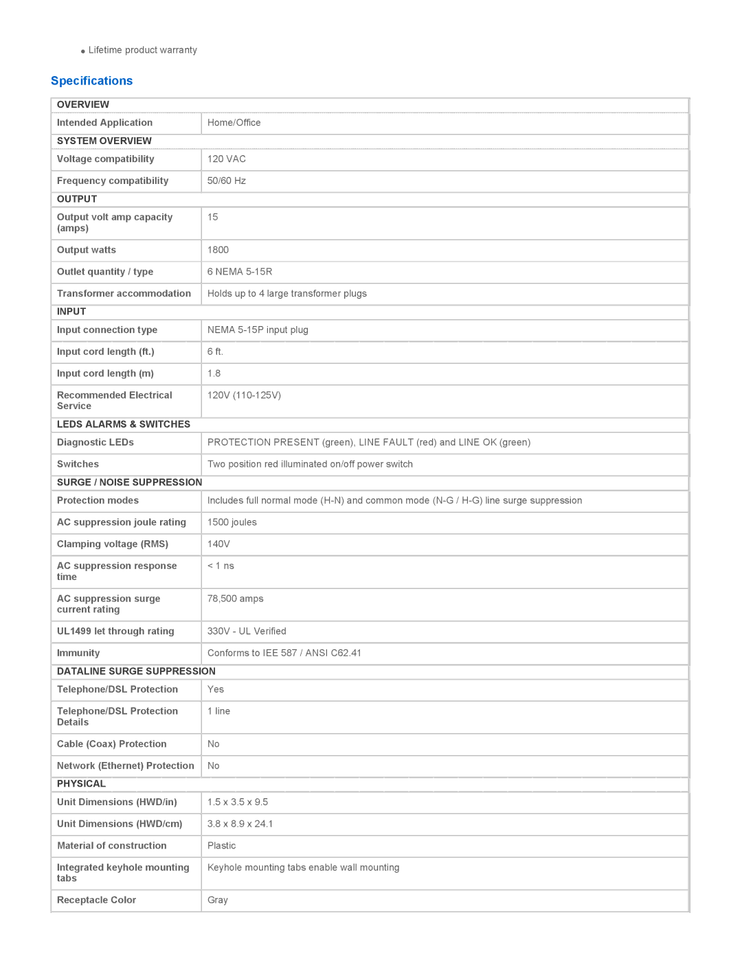 Tripp Lite TR-6FM warranty Specifications 