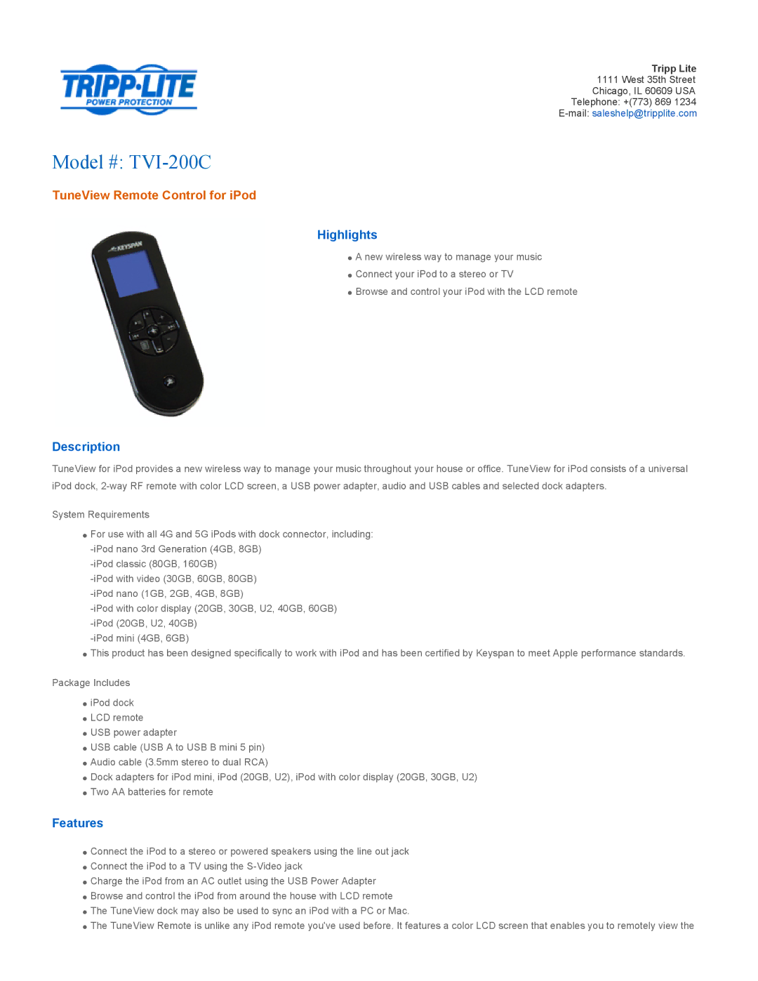 Tripp Lite manual Model # TVI-200C, TuneView Remote Control for iPod, Highlights, Description, Features 