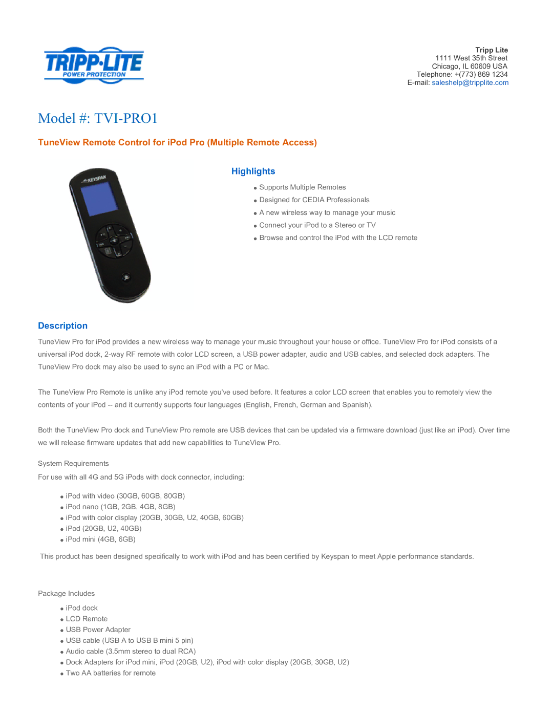 Tripp Lite manual Model # TVI-PRO1, TuneView Remote Control for iPod Pro Multiple Remote Access, Highlights 