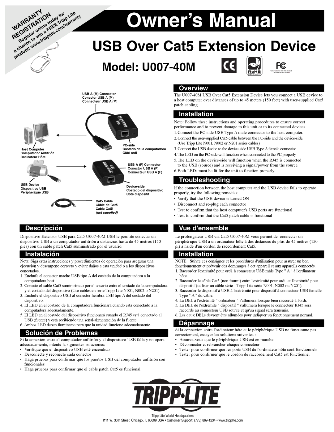 Tripp Lite U007-40M owner manual Overview, Installation, Troubleshooting, Descripción Vue densemble, Instalación 