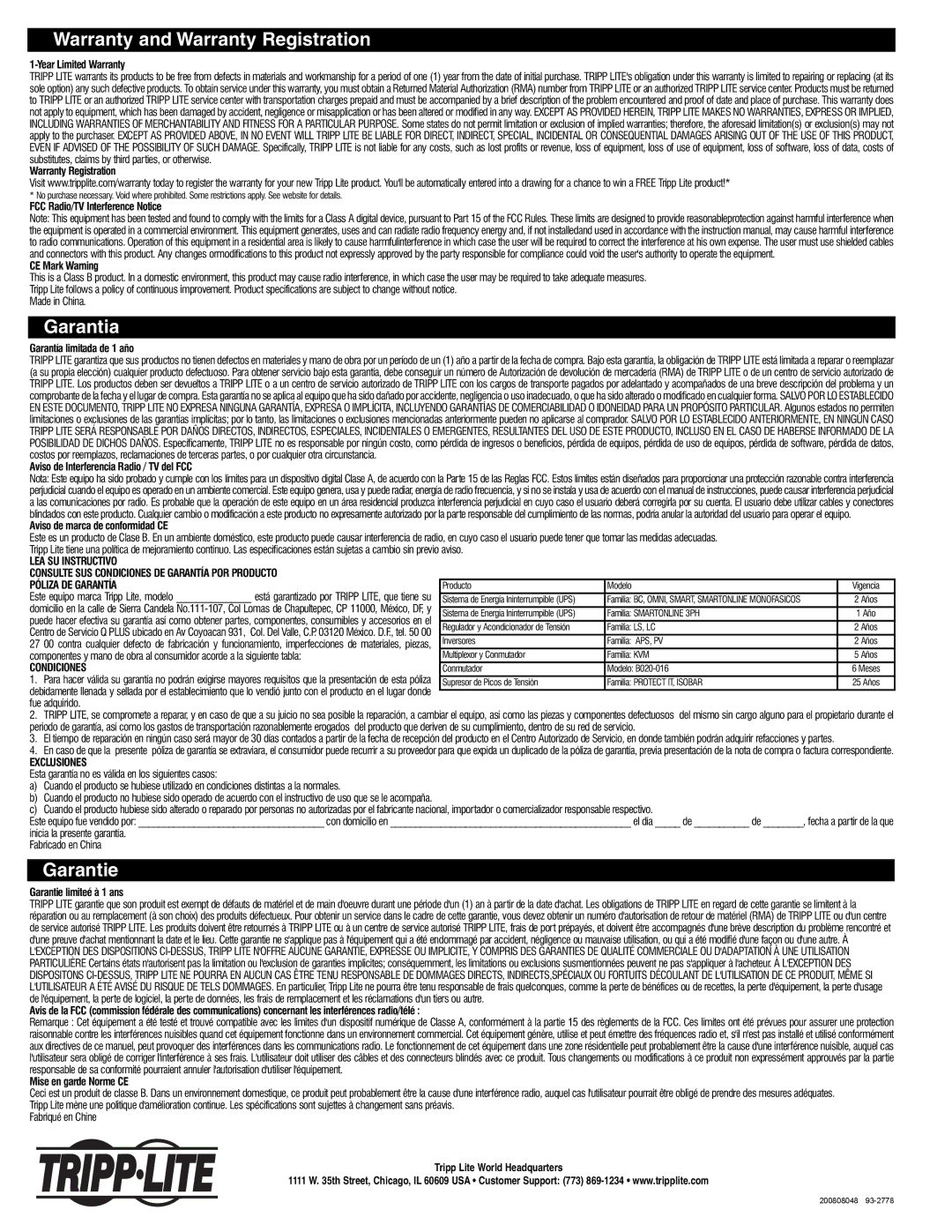 Tripp Lite U007-40M owner manual Warranty and Warranty Registration, Garantia, Garantie 