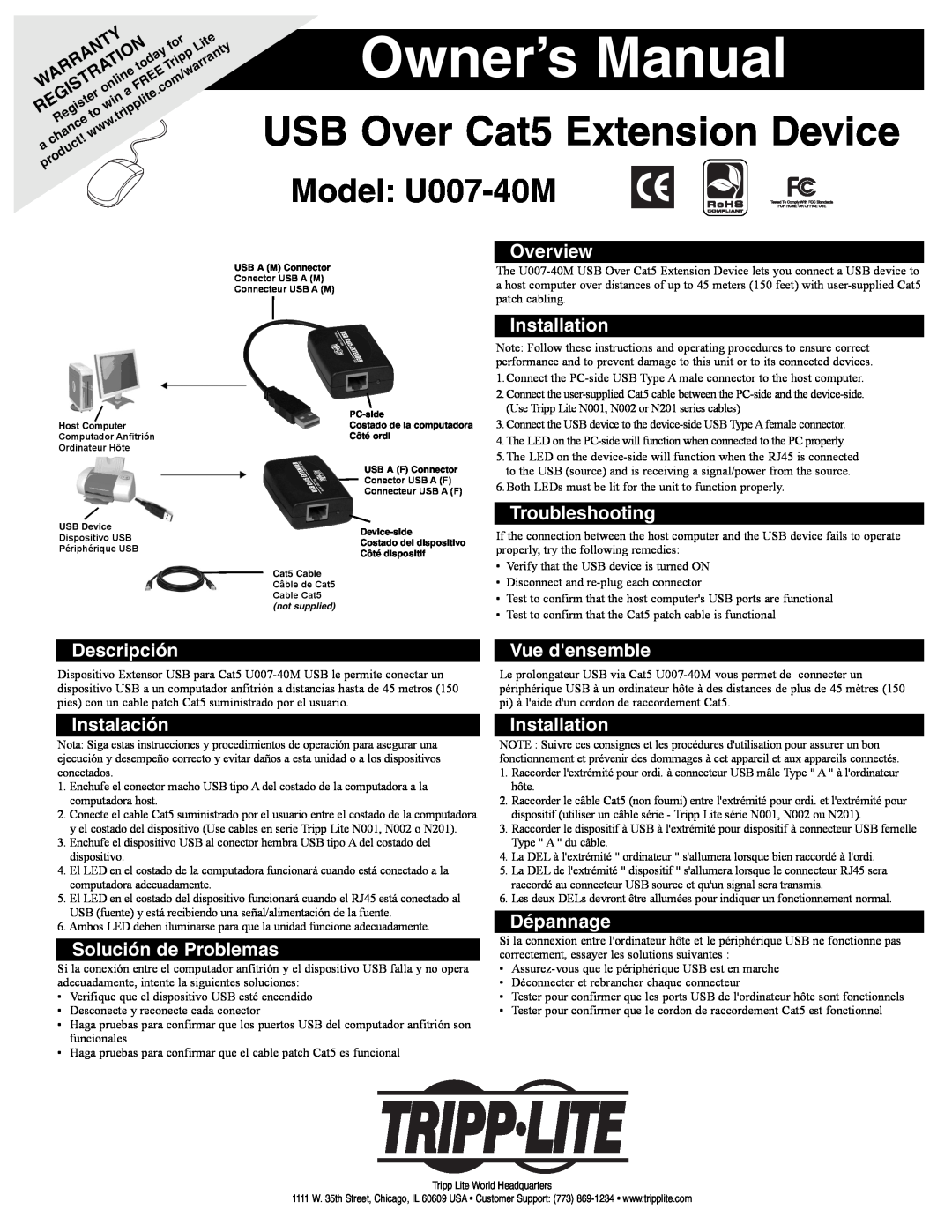 Tripp Lite U007-40M owner manual Overview, Installation, Troubleshooting, Descripción, Vue densemble, Instalación 
