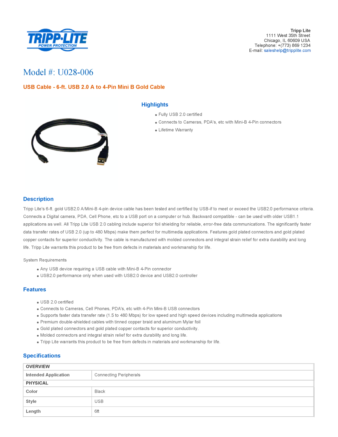 Tripp Lite specifications Model # U028-006, USB Cable 6-ft. USB 2.0 a to 4-Pin Mini B Gold Cable 