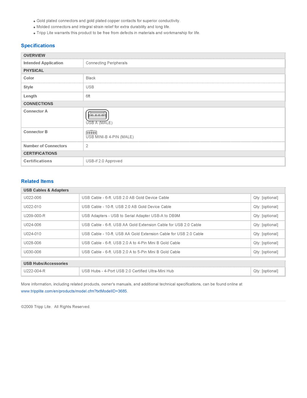 Tripp Lite U029-006 warranty Specifications, Related Items, USB Cables & Adapters, USB Hubs/Accessories 