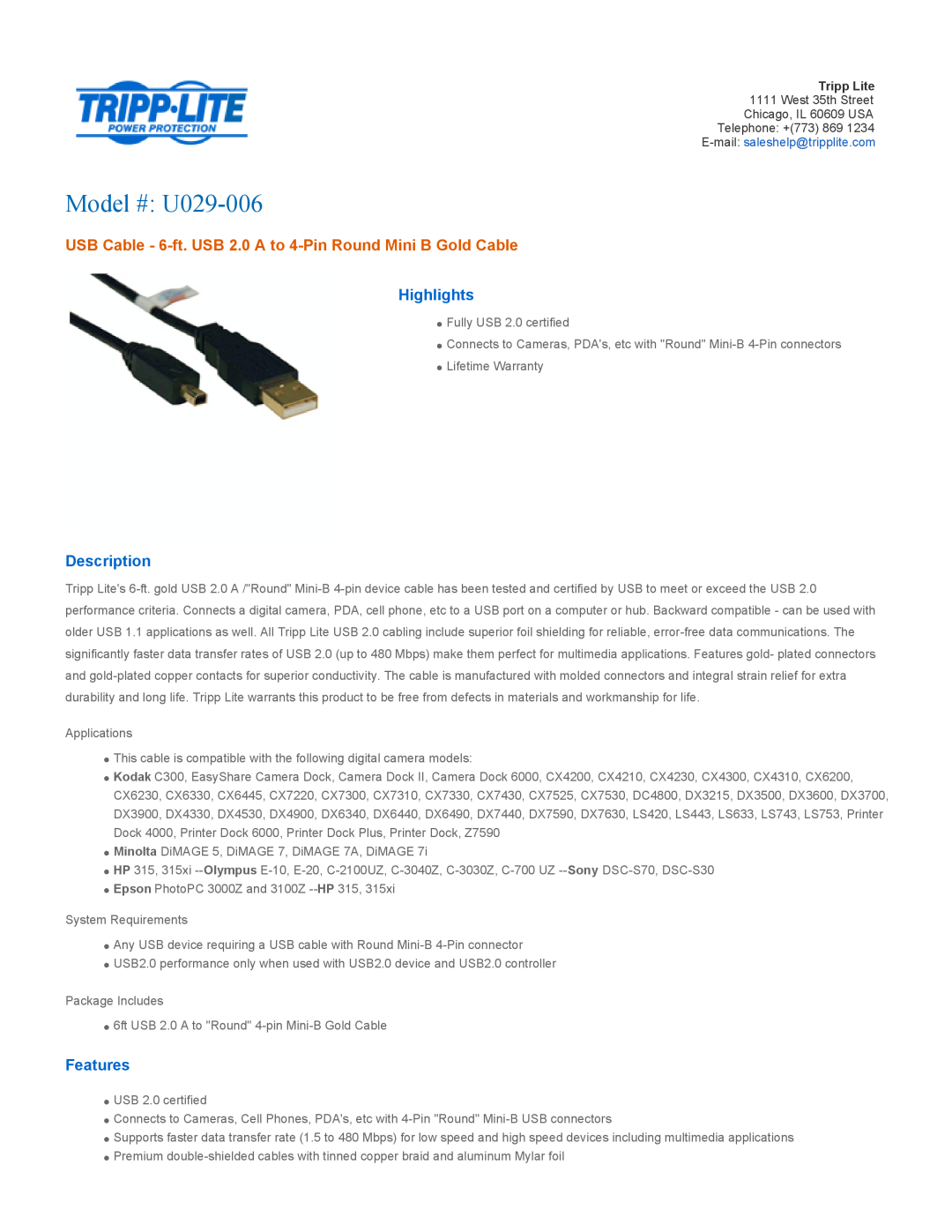 Tripp Lite warranty Highlights, Description, Features, Model # U029-006 