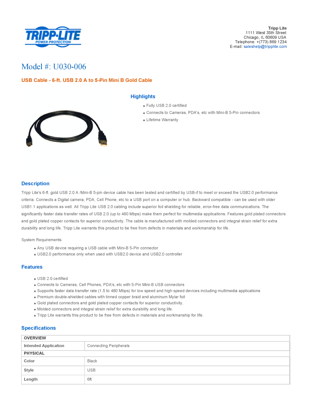 Tripp Lite specifications Model # U030-006, USB Cable 6-ft. USB 2.0 a to 5-Pin Mini B Gold Cable 