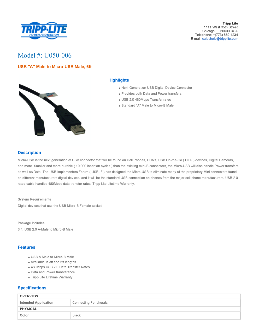 Tripp Lite U050-006 specifications Overview, Intended Application, Connecting Peripherals, Physical, Color, Black 